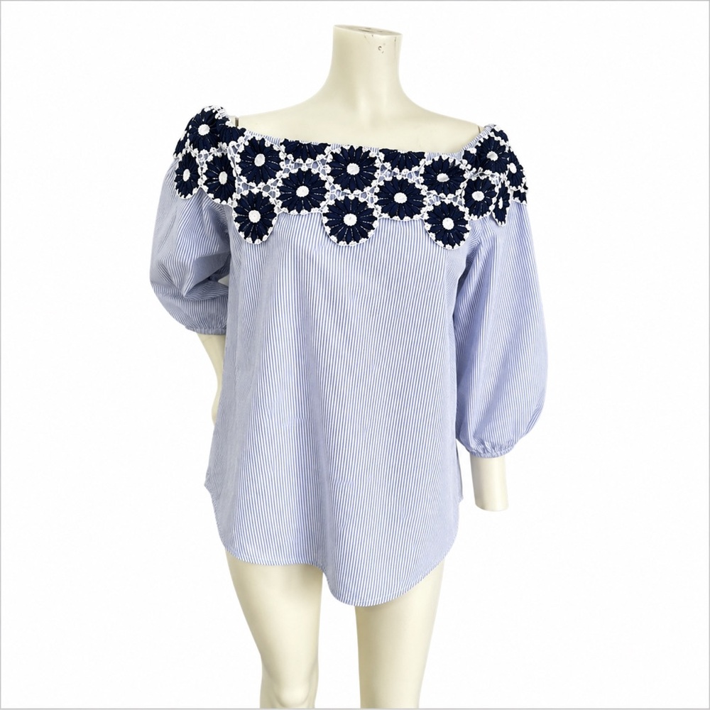 LOFT Blue Stripe Daisy Lace Off Shoulder Blouse Medium
